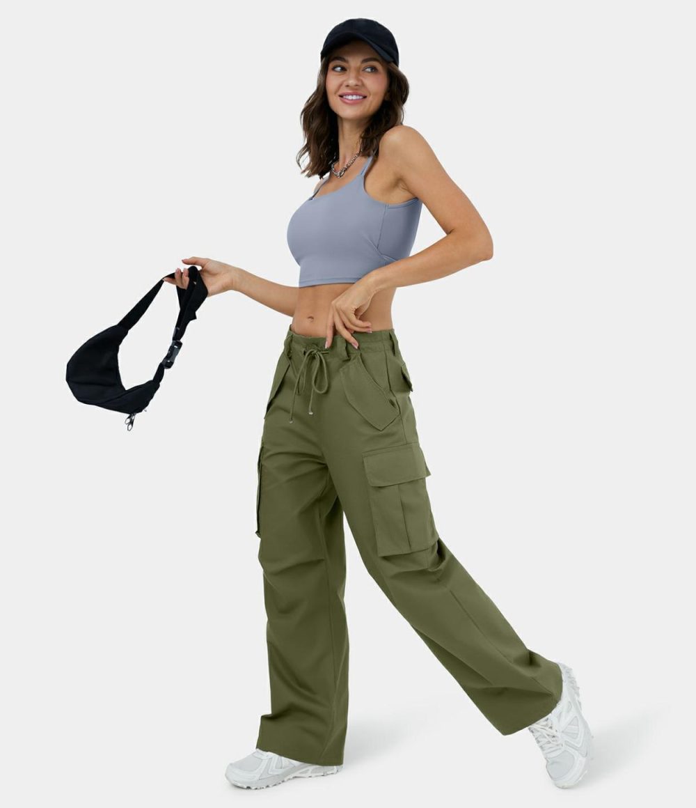 Mid Rise Adjustable Drawstring Button Zip Multi Pockets Wide Leg Casual Cargo Pants  | Womens  Cargo Pants Cargo Pants Cargo Pants