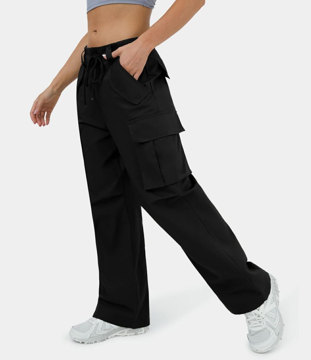 Mid Rise Adjustable Drawstring Button Zip Multi Pockets Wide Leg Casual Cargo Pants  | Womens  Cargo Pants Cargo Pants Cargo Pants