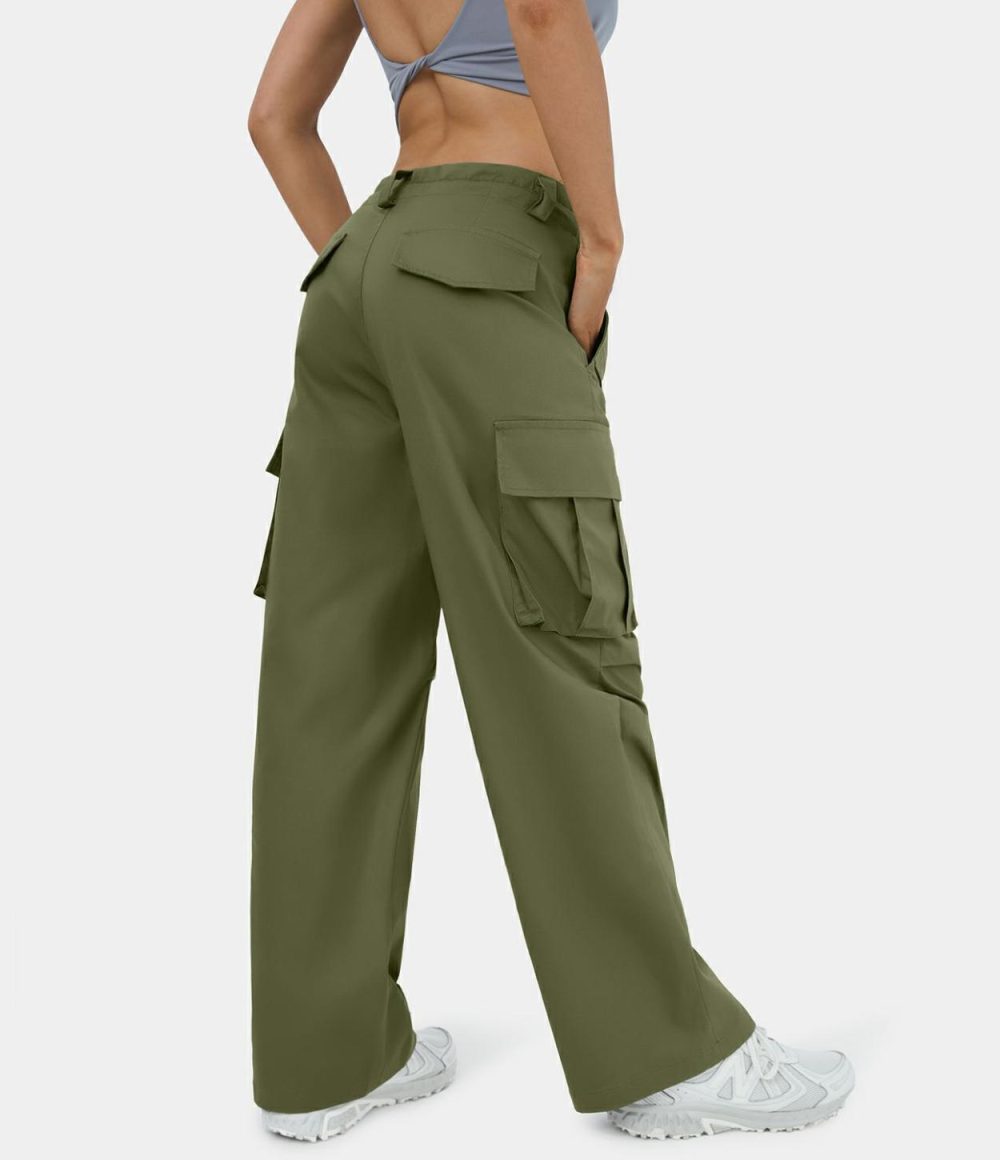 Mid Rise Adjustable Drawstring Button Zip Multi Pockets Wide Leg Casual Cargo Pants  | Womens  Cargo Pants Cargo Pants Cargo Pants