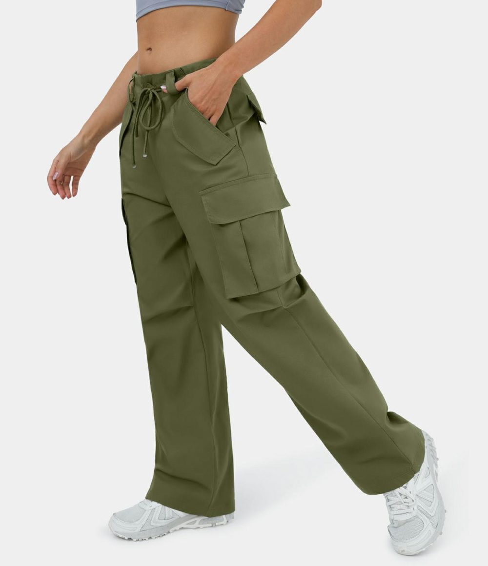 Mid Rise Adjustable Drawstring Button Zip Multi Pockets Wide Leg Casual Cargo Pants  | Womens  Cargo Pants Cargo Pants Cargo Pants