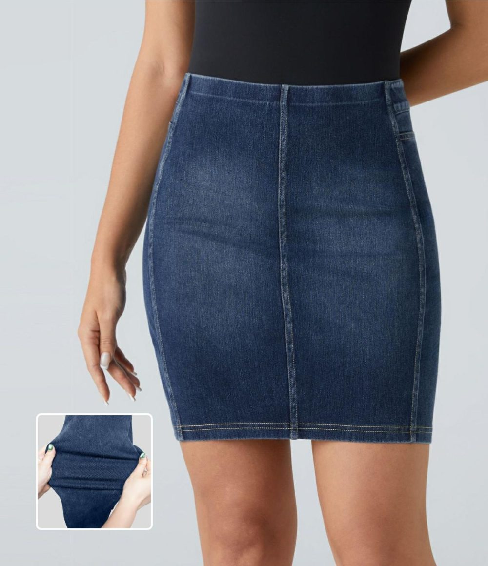 Mid Rise Back Pockets Split Bodycon Mini Washed Stretchy Knit Denim Casual Skirt  | Womens  Jeans Clothing Denim Shorts