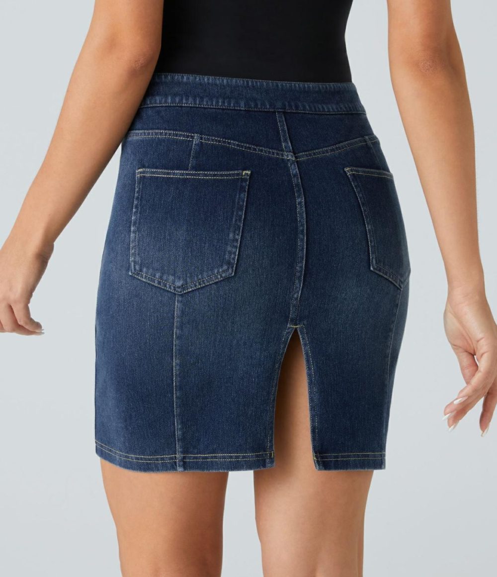 Mid Rise Back Pockets Split Bodycon Mini Washed Stretchy Knit Denim Casual Skirt  | Womens  Jeans Clothing Denim Shorts