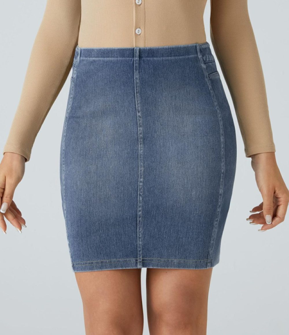 Mid Rise Back Pockets Split Bodycon Mini Washed Stretchy Knit Denim Casual Skirt  | Womens  Jeans Clothing Denim Shorts