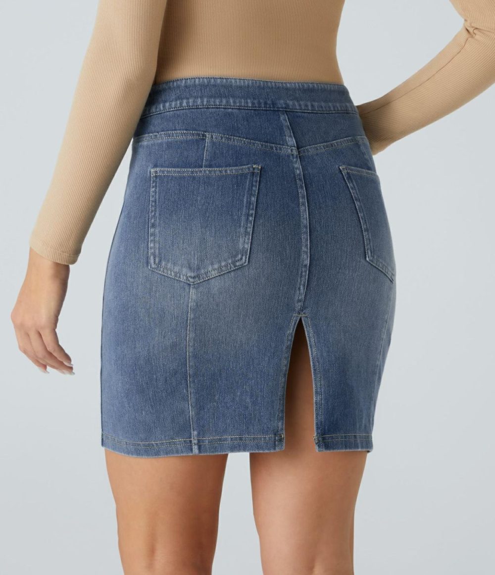 Mid Rise Back Pockets Split Bodycon Mini Washed Stretchy Knit Denim Casual Skirt  | Womens  Jeans Clothing Denim Shorts