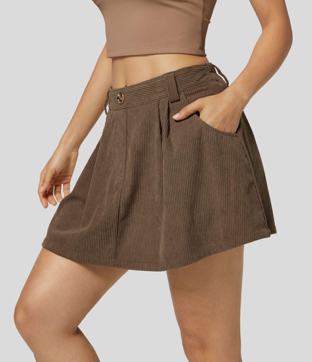 Mid Rise Button Side Pocket 2-in-1 Corduroy Flare Mini Casual Skirt  | Womens  Mini Skirts Clothing Black/Cocoa Brown