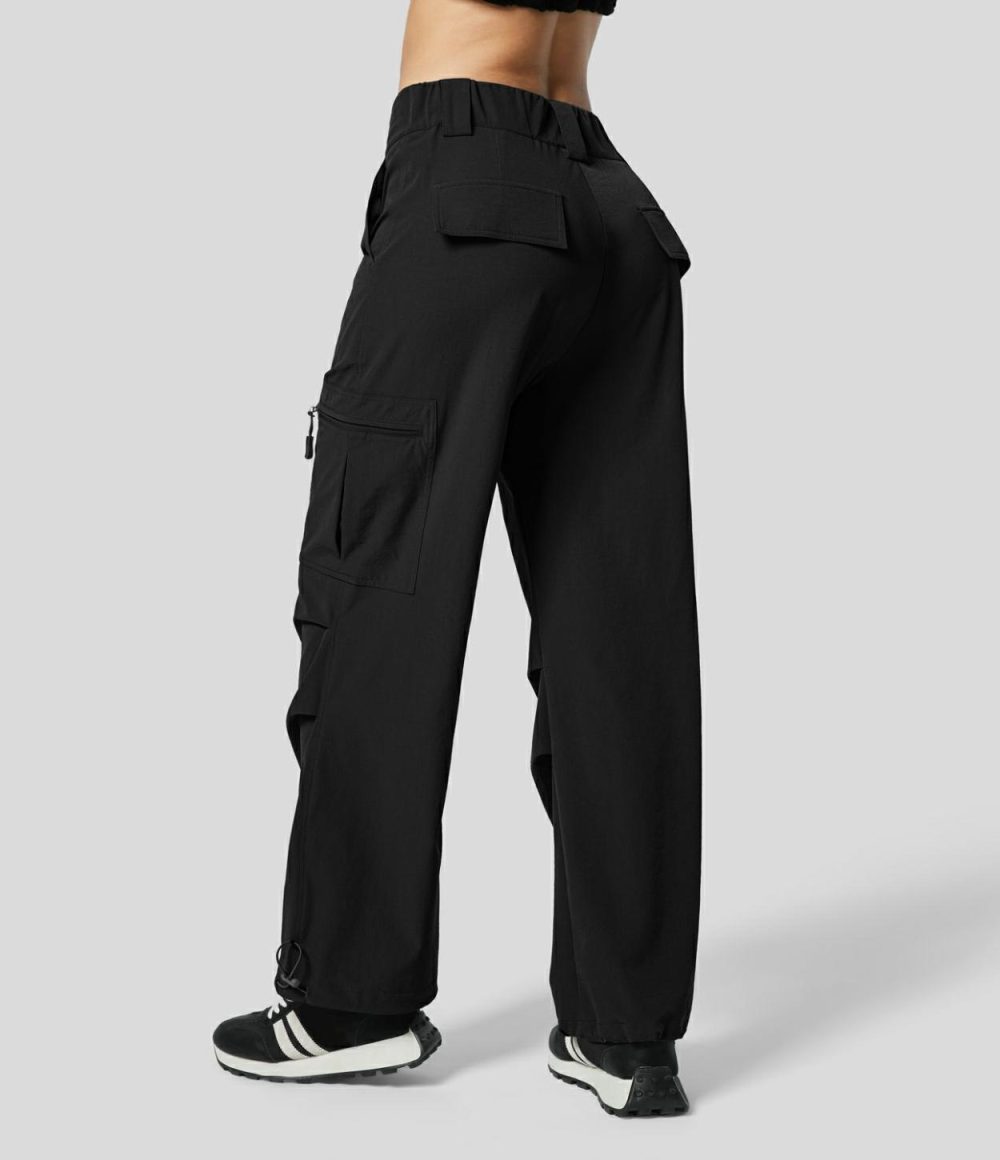 Mid Rise Button Zipper Multiple Pockets Adjustable Drawcord Casual Cargo Joggers  | Womens  Cargo Pants Cargo Pants Black/Storm Front