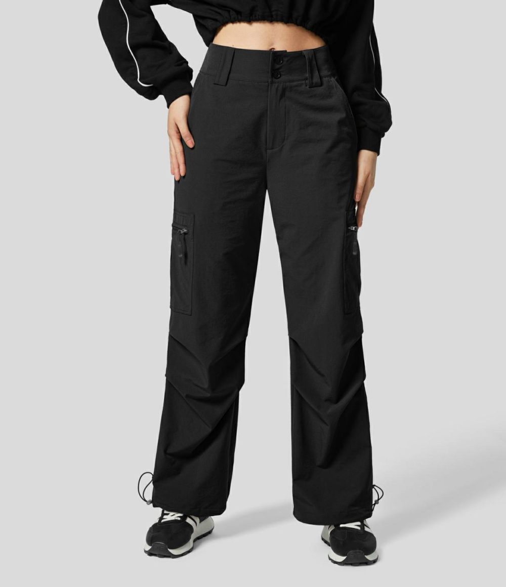 Mid Rise Button Zipper Multiple Pockets Adjustable Drawcord Casual Cargo Joggers  | Womens  Cargo Pants Cargo Pants Black/Storm Front