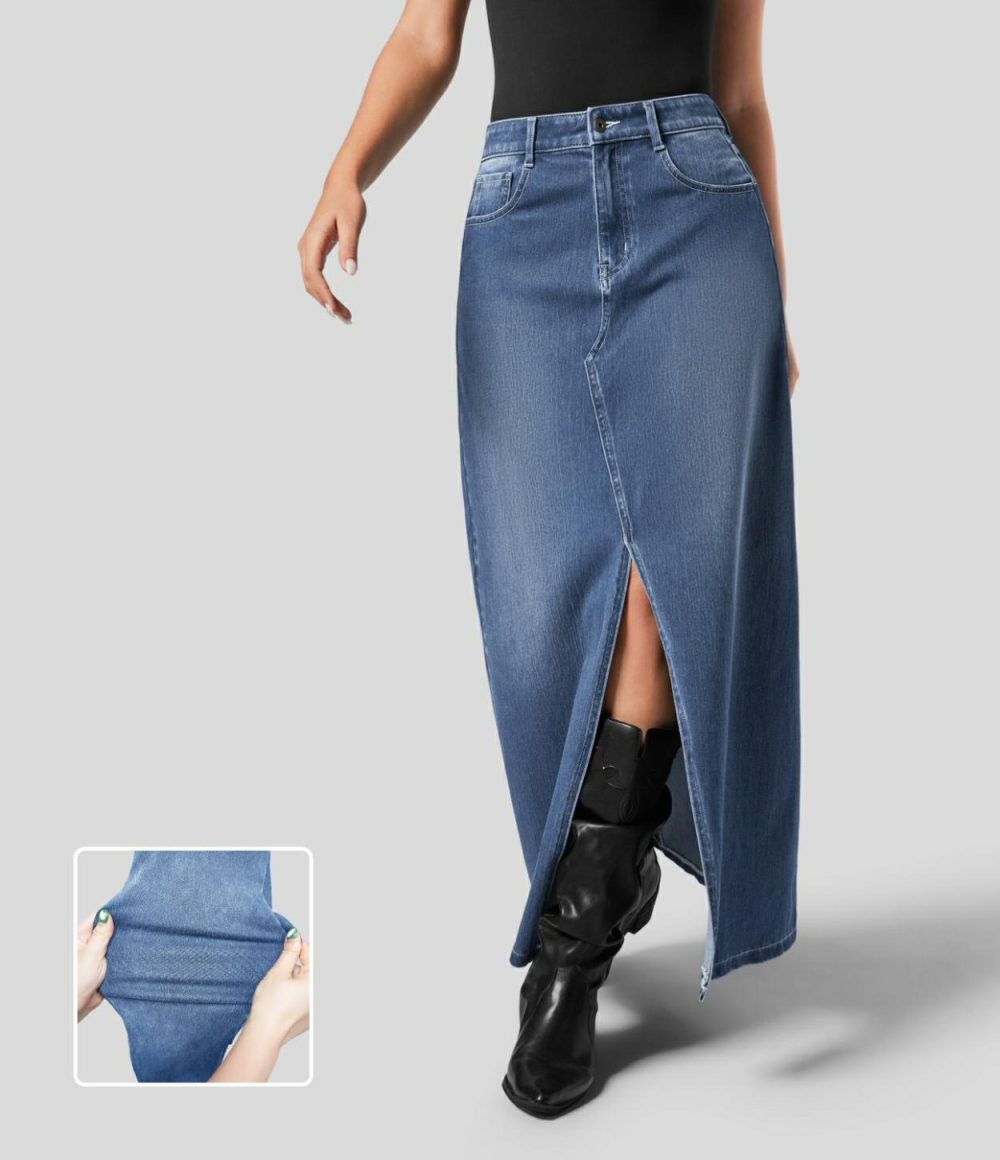 Mid Rise Button Zipper Multiple Pockets Split A Line Stretchy Knit Denim Maxi Casual Skirt  | Womens  Jeans Clothing Azure Blue Denim/Deep Blue Water Denim