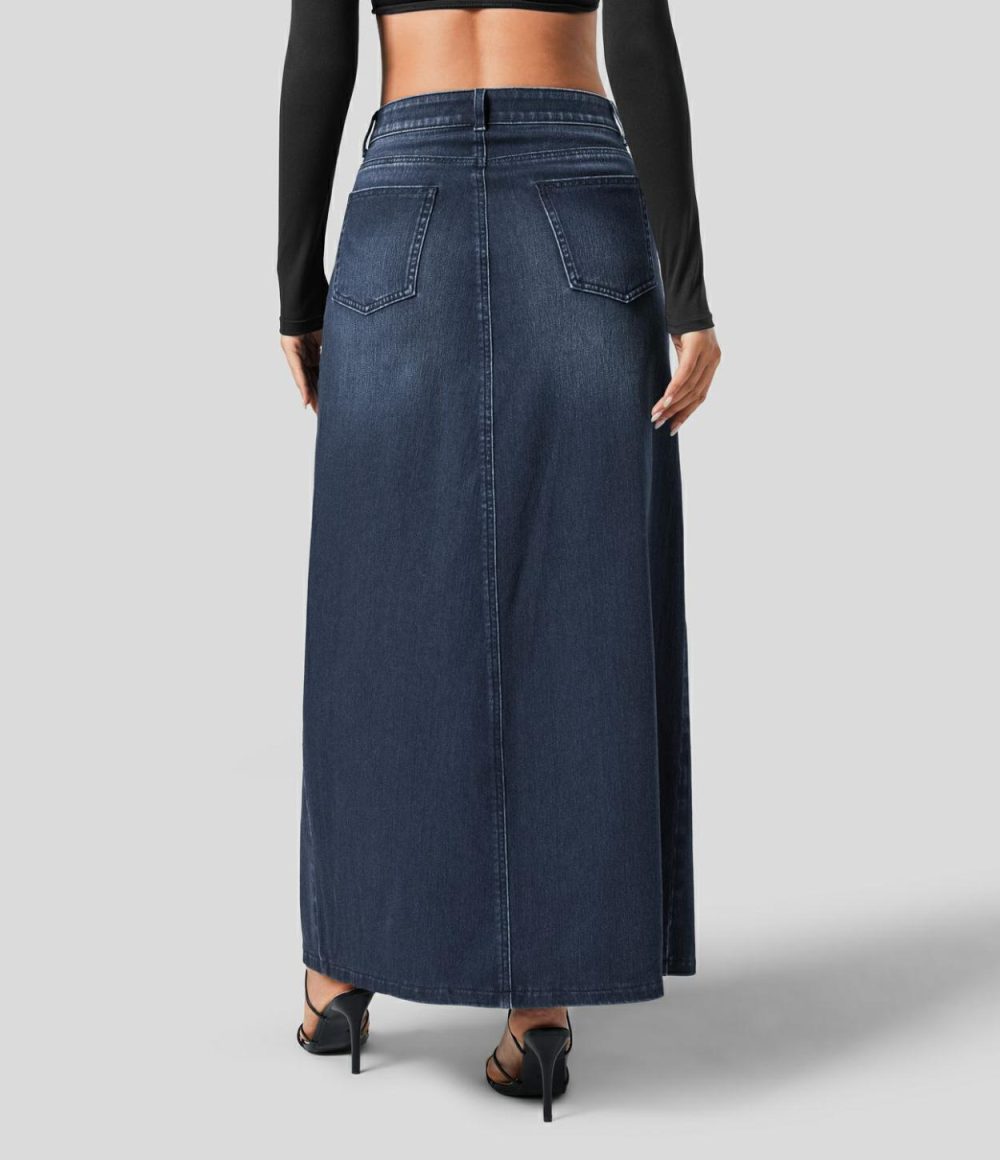 Mid Rise Button Zipper Multiple Pockets Split A Line Stretchy Knit Denim Maxi Casual Skirt  | Womens  Jeans Clothing Azure Blue Denim/Deep Blue Water Denim