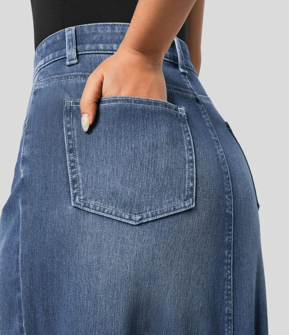 Mid Rise Button Zipper Multiple Pockets Split A Line Stretchy Knit Denim Maxi Casual Skirt  | Womens  Jeans Clothing Azure Blue Denim/Deep Blue Water Denim