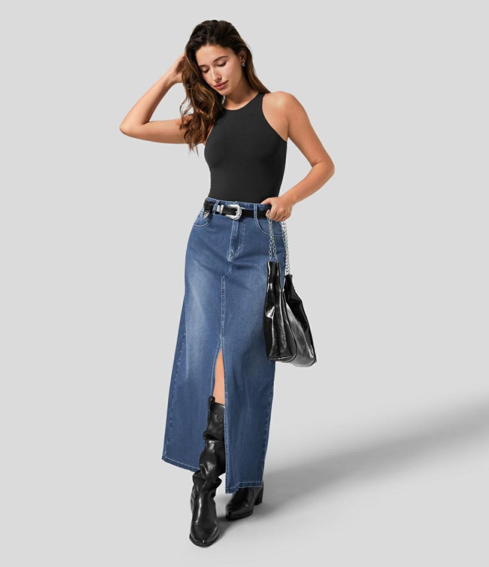 Mid Rise Button Zipper Multiple Pockets Split A Line Stretchy Knit Denim Maxi Casual Skirt  | Womens  Jeans Clothing Azure Blue Denim/Deep Blue Water Denim