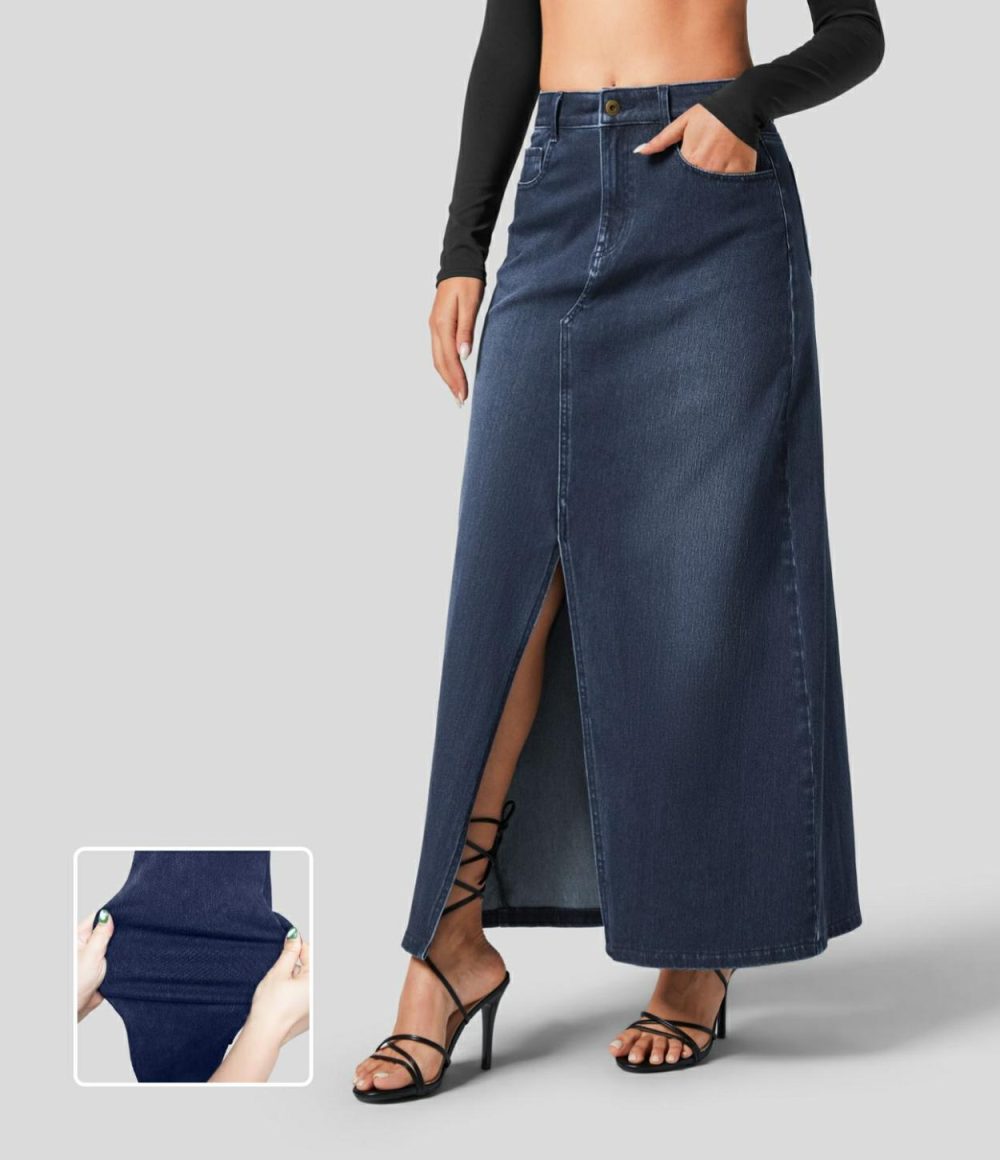 Mid Rise Button Zipper Multiple Pockets Split A Line Stretchy Knit Denim Maxi Casual Skirt  | Womens  Jeans Clothing Azure Blue Denim/Deep Blue Water Denim