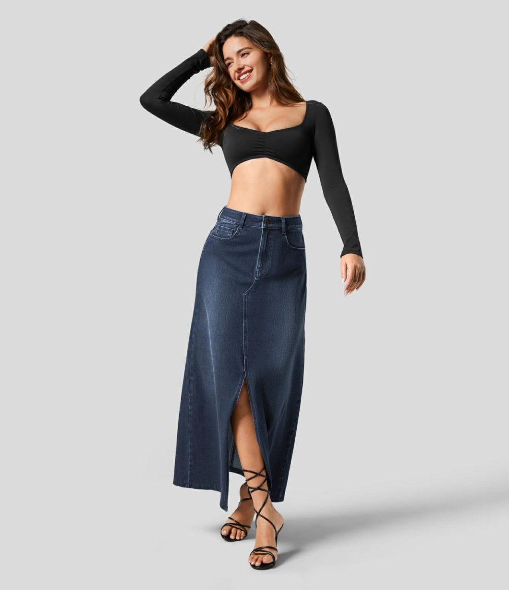 Mid Rise Button Zipper Multiple Pockets Split A Line Stretchy Knit Denim Maxi Casual Skirt  | Womens  Jeans Clothing Azure Blue Denim/Deep Blue Water Denim