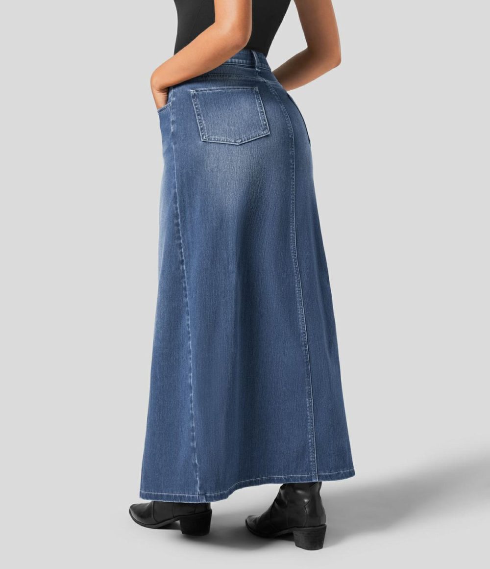 Mid Rise Button Zipper Multiple Pockets Split A Line Stretchy Knit Denim Maxi Casual Skirt  | Womens  Jeans Clothing Azure Blue Denim/Deep Blue Water Denim