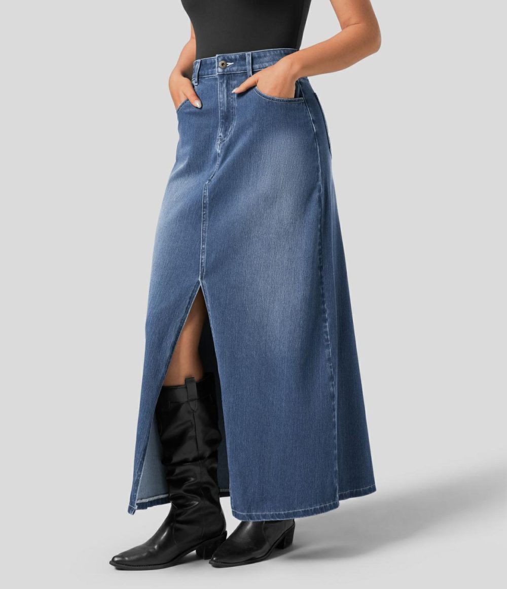 Mid Rise Button Zipper Multiple Pockets Split A Line Stretchy Knit Denim Maxi Casual Skirt  | Womens  Jeans Clothing Azure Blue Denim/Deep Blue Water Denim