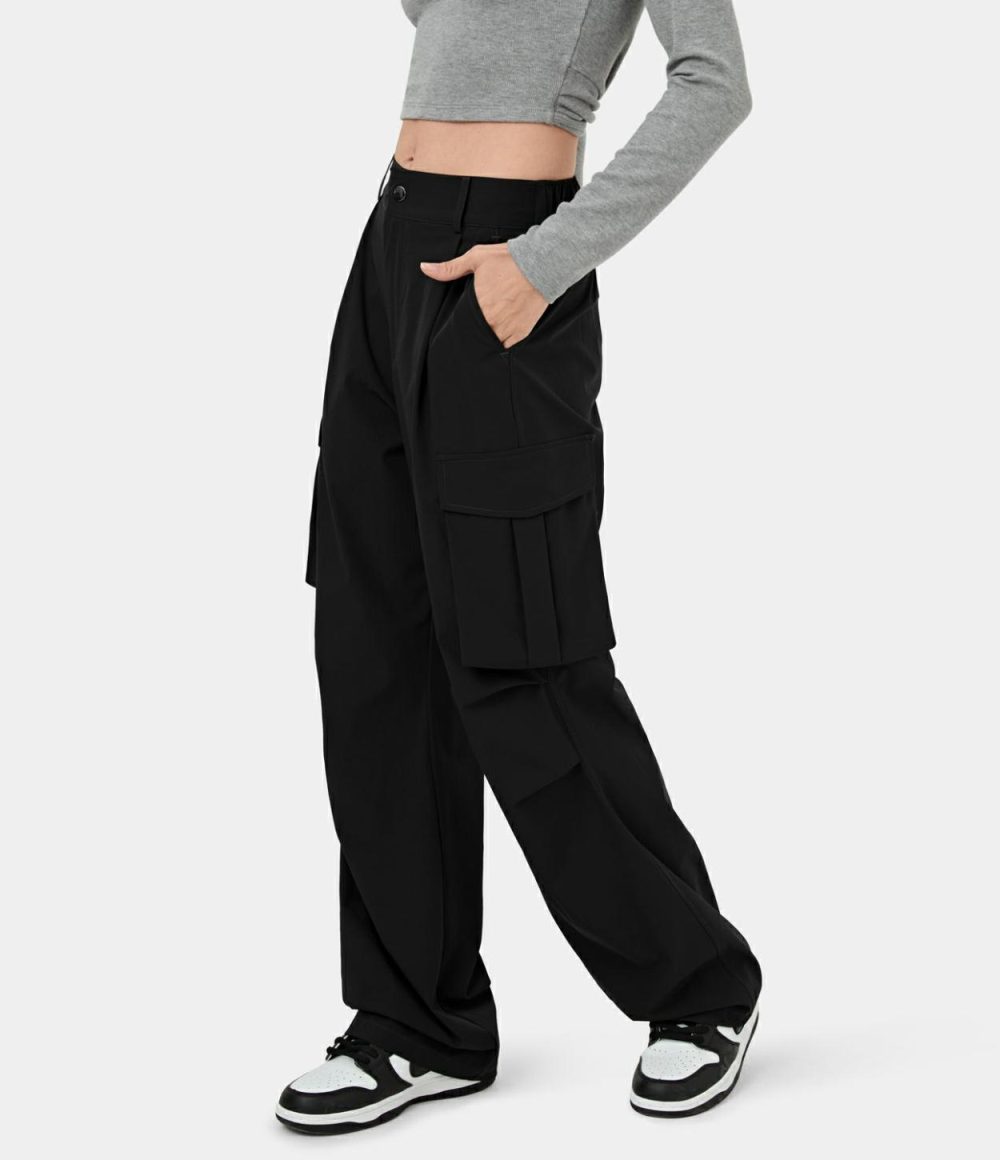 Mid Rise Button Zipper Multiple Pockets Wide Leg Casual Cargo Pants  | Womens  Cargo Pants Cargo Pants Black/Twilight Green