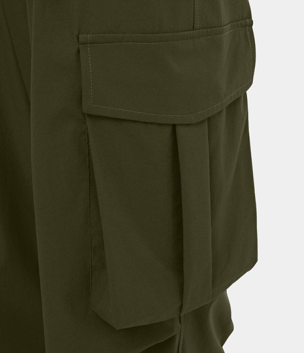 Mid Rise Button Zipper Multiple Pockets Wide Leg Casual Cargo Pants  | Womens  Cargo Pants Cargo Pants Black/Twilight Green