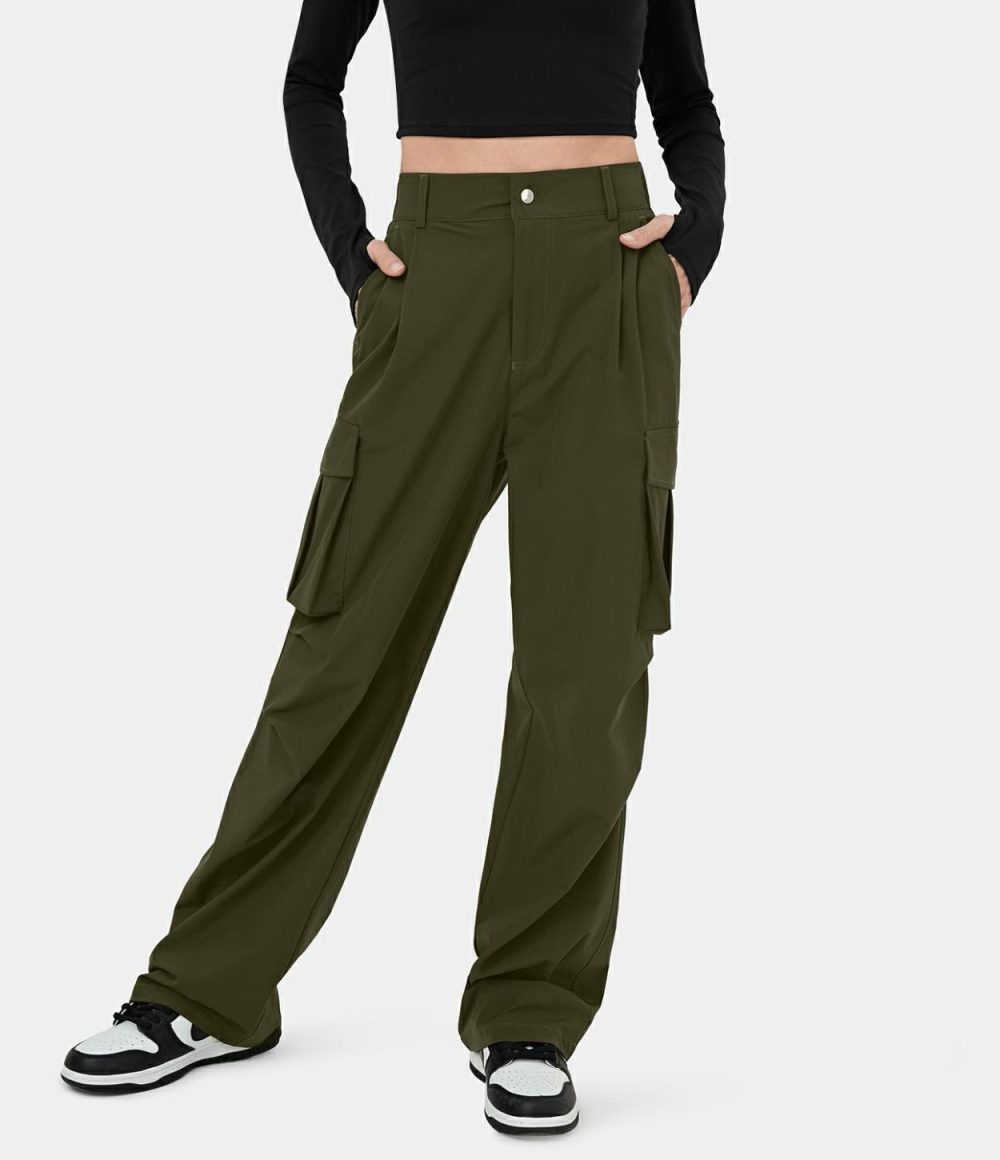 Mid Rise Button Zipper Multiple Pockets Wide Leg Casual Cargo Pants  | Womens  Cargo Pants Cargo Pants Black/Twilight Green