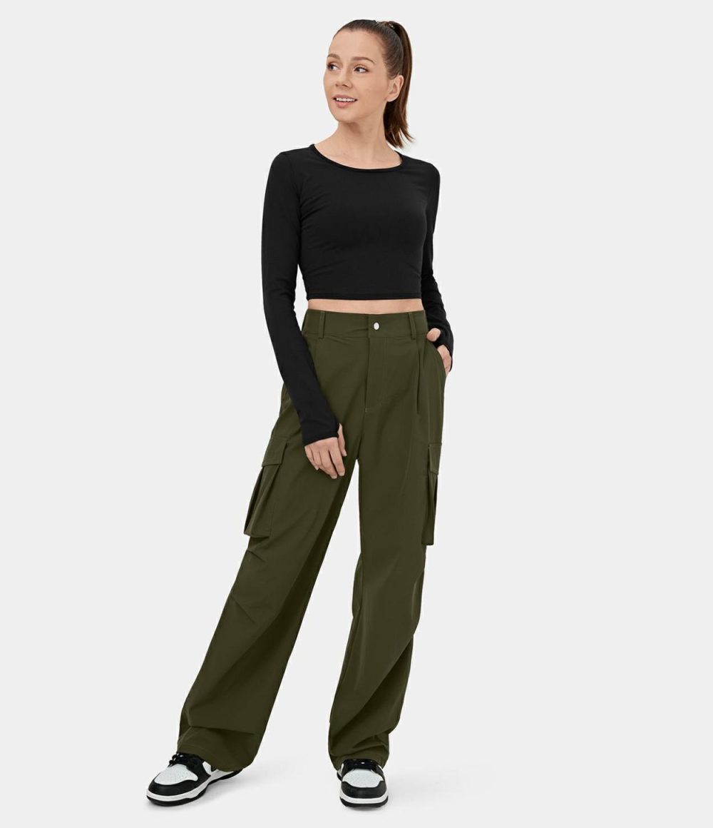 Mid Rise Button Zipper Multiple Pockets Wide Leg Casual Cargo Pants  | Womens  Cargo Pants Cargo Pants Black/Twilight Green