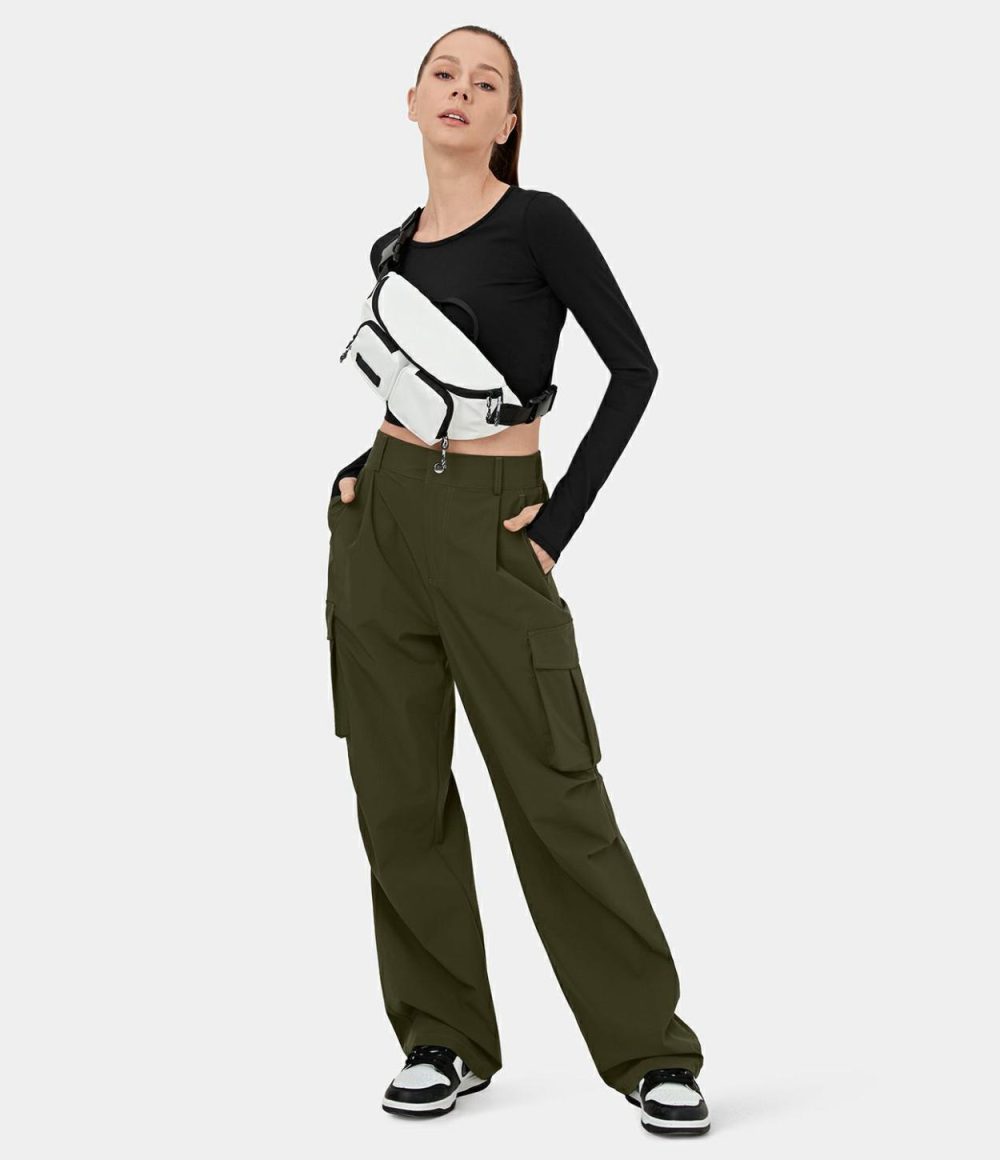 Mid Rise Button Zipper Multiple Pockets Wide Leg Casual Cargo Pants  | Womens  Cargo Pants Cargo Pants Black/Twilight Green