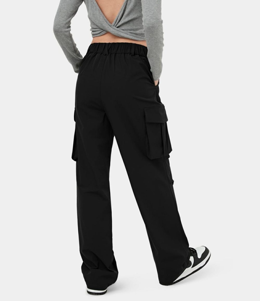 Mid Rise Button Zipper Multiple Pockets Wide Leg Casual Cargo Pants  | Womens  Cargo Pants Cargo Pants Black/Twilight Green