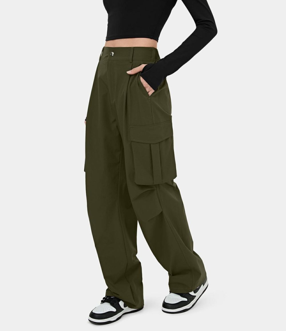 Mid Rise Button Zipper Multiple Pockets Wide Leg Casual Cargo Pants  | Womens  Cargo Pants Cargo Pants Black/Twilight Green