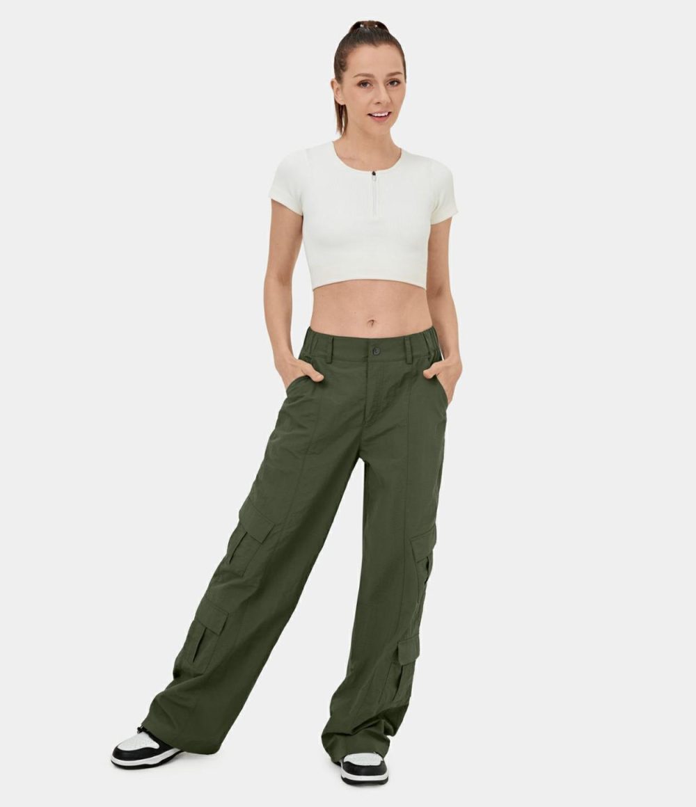 Mid Rise Button Zipper Multiple Pockets Wide Leg Casual Cargo Pants  | Womens  Cargo Pants Cargo Pants Cargo Pants