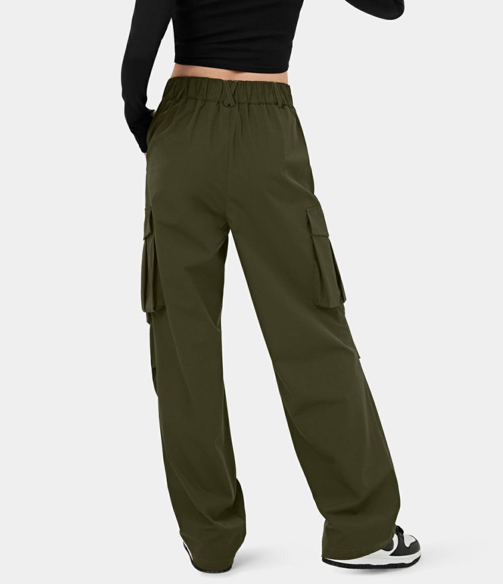 Mid Rise Button Zipper Multiple Pockets Wide Leg Casual Cargo Pants  | Womens  Cargo Pants Cargo Pants Black/Twilight Green