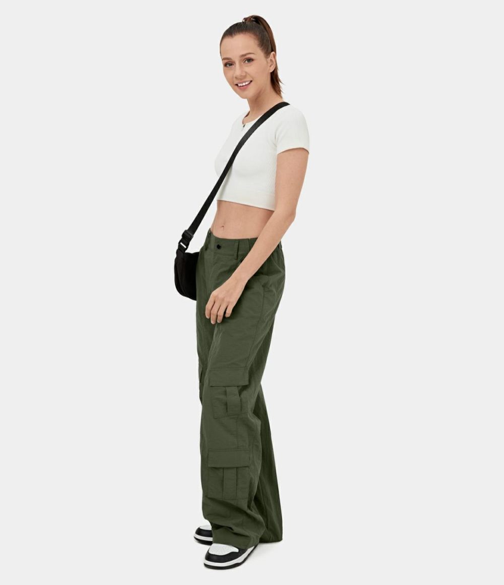 Mid Rise Button Zipper Multiple Pockets Wide Leg Casual Cargo Pants  | Womens  Cargo Pants Cargo Pants Cargo Pants