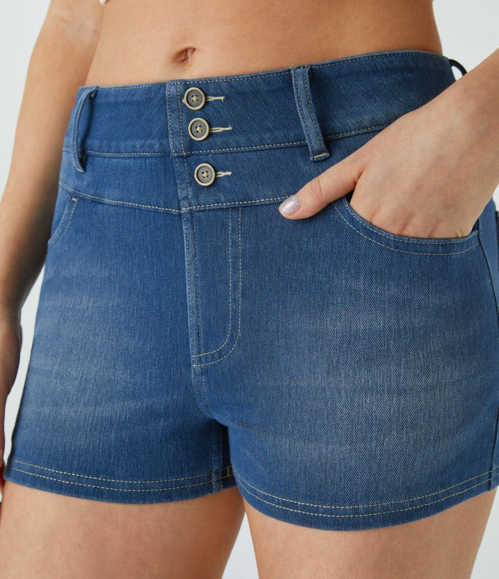 Mid Rise Decorative Button Multiple Pockets Stretchy Knit Denim Casual Shorts 2”  | Womens  Denim Shorts Clothing Charcoal Black Denim/Royal Blue Denim