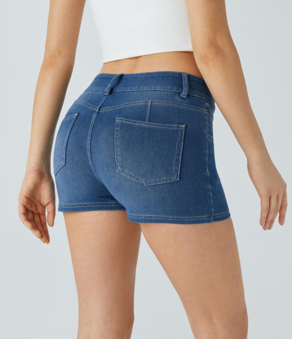 Mid Rise Decorative Button Multiple Pockets Stretchy Knit Denim Casual Shorts 2”  | Womens  Denim Shorts Clothing Charcoal Black Denim/Royal Blue Denim