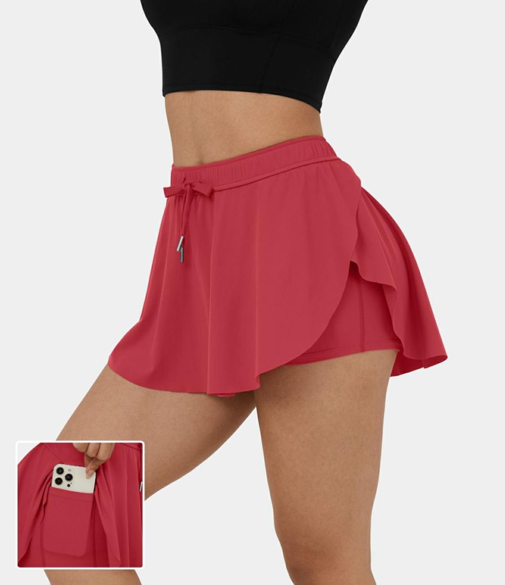 Mid Rise Drawstring 2-in-1 Side Pocket Curved Hem Mini Skirt  | Womens  Mini Skirts Clothing Mini Skirts