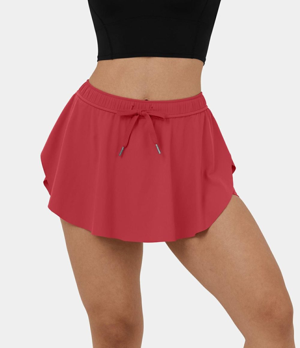 Mid Rise Drawstring 2-in-1 Side Pocket Curved Hem Mini Skirt  | Womens  Mini Skirts Clothing Mini Skirts