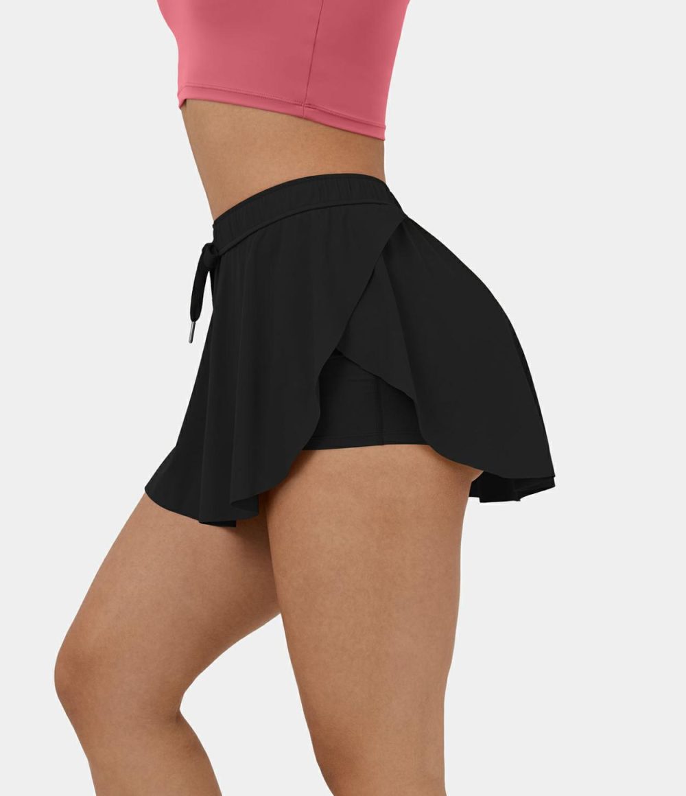 Mid Rise Drawstring 2-in-1 Side Pocket Curved Hem Mini Skirt  | Womens  Mini Skirts Clothing Mini Skirts