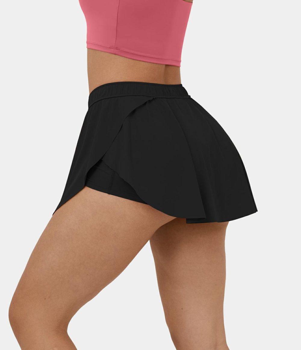 Mid Rise Drawstring 2-in-1 Side Pocket Curved Hem Mini Skirt  | Womens  Mini Skirts Clothing Mini Skirts