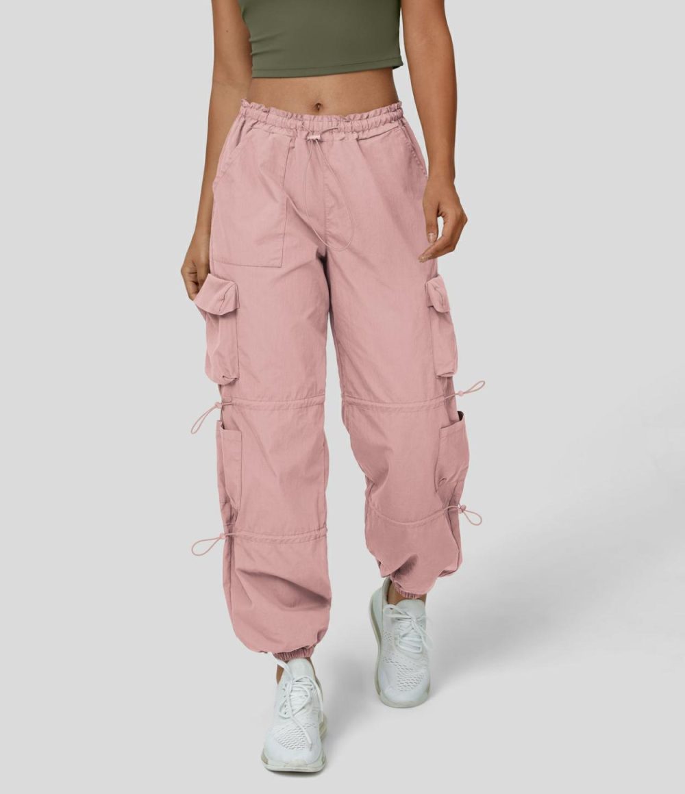 Mid Rise Drawstring Multi Pockets Casual Cargo Cotton Joggers  | Womens  Cargo Pants Cargo Pants Black/Mood Indigo/Deep Mocha Brown/Grey/Lark/Storm Gray/Silver Pink/Float Green