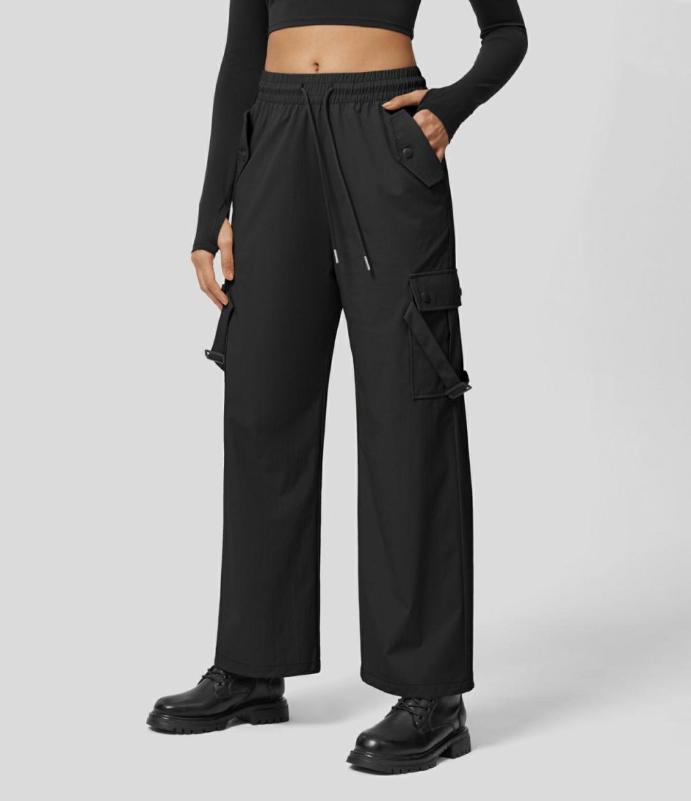 Mid Rise Drawstring Multiple Pockets Casual Cargo Pants  | Womens  Cargo Pants Cargo Pants Black/Boulder