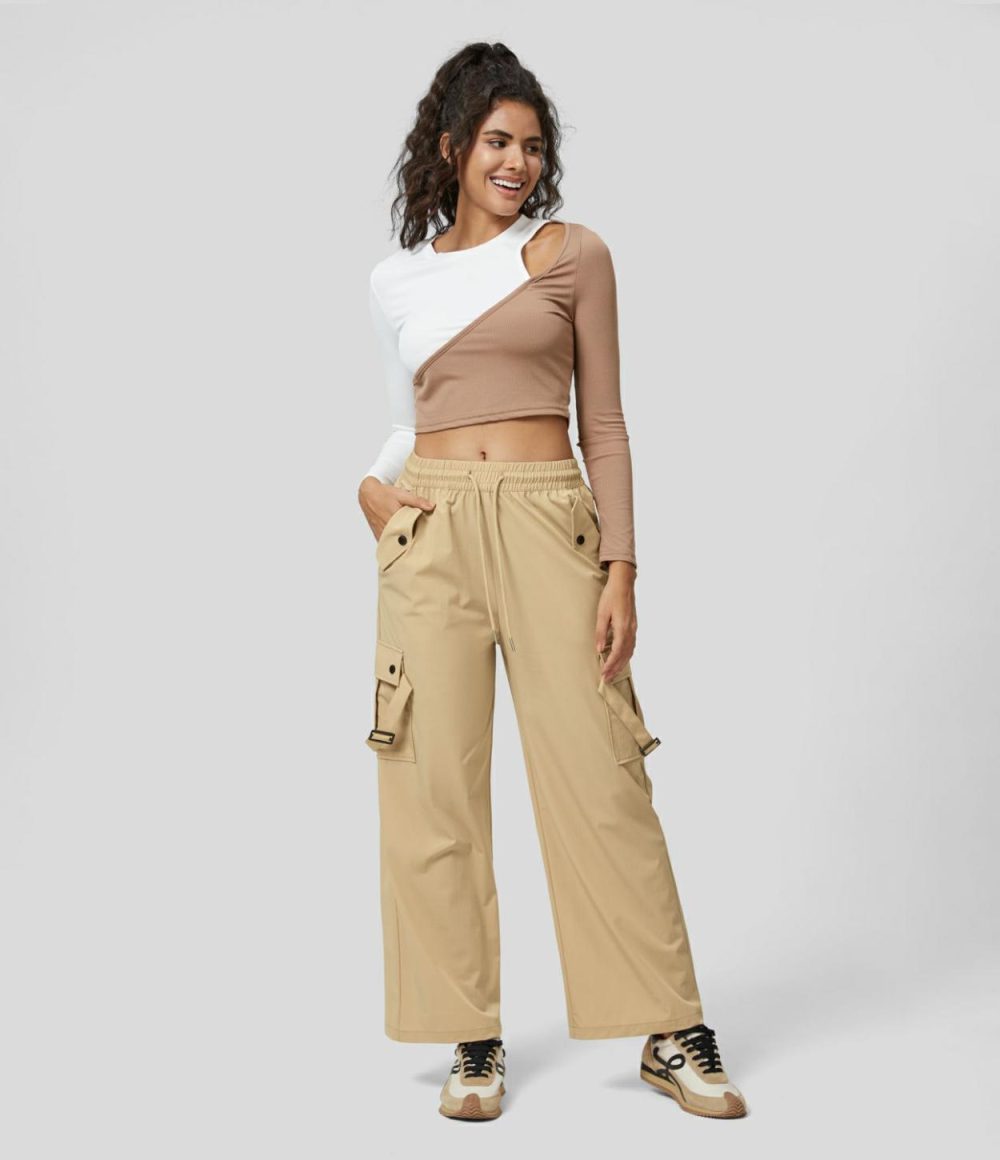 Mid Rise Drawstring Multiple Pockets Casual Cargo Pants  | Womens  Cargo Pants Cargo Pants Black/Boulder