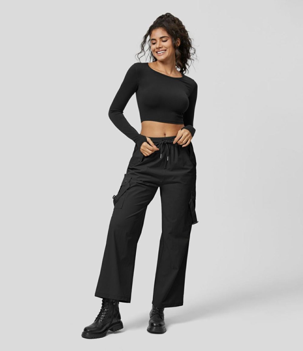 Mid Rise Drawstring Multiple Pockets Casual Cargo Pants  | Womens  Cargo Pants Cargo Pants Black/Boulder