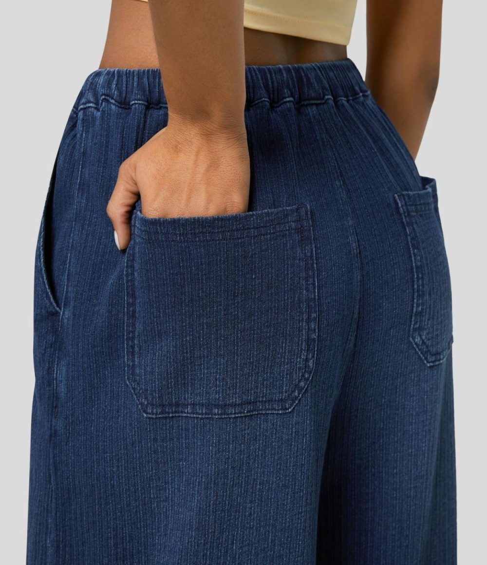 Mid Rise Drawstring Multiple Pockets Washed Stretchy Knit Casual Wide Leg Jeans  | Womens  Denim Shorts Clothing Blue Bush Denim/Dark Marl Blue Denim