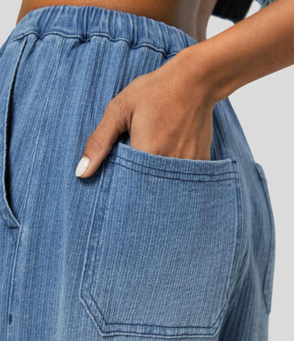 Mid Rise Drawstring Multiple Pockets Washed Stretchy Knit Casual Wide Leg Jeans  | Womens  Denim Shorts Clothing Blue Bush Denim/Dark Marl Blue Denim