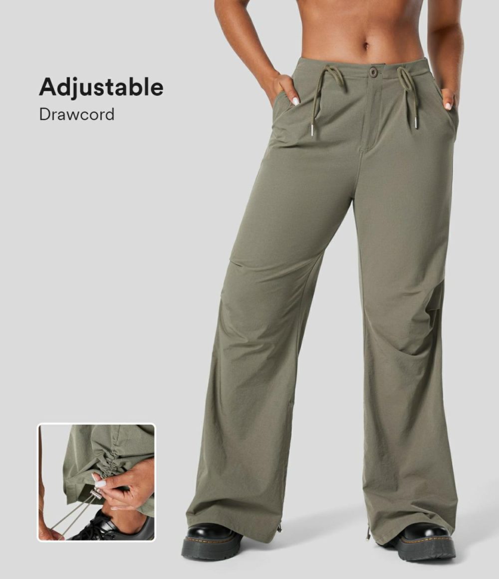 Mid Rise Drawstring Side Pocket Ruched Adjustable Hem Casual Cargo Flare Pants  | Womens  Cargo Pants Cargo Pants Cargo Pants