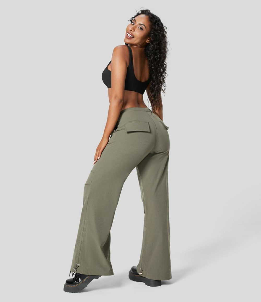 Mid Rise Drawstring Side Pocket Ruched Adjustable Hem Casual Cargo Flare Pants  | Womens  Cargo Pants Cargo Pants Cargo Pants