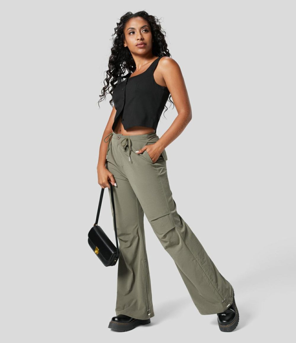 Mid Rise Drawstring Side Pocket Ruched Adjustable Hem Casual Cargo Flare Pants  | Womens  Cargo Pants Cargo Pants Cargo Pants