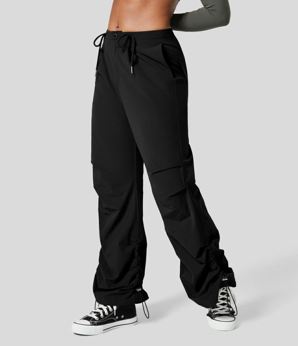 Mid Rise Drawstring Side Pocket Ruched Adjustable Hem Casual Cargo Flare Pants  | Womens  Cargo Pants Cargo Pants Cargo Pants