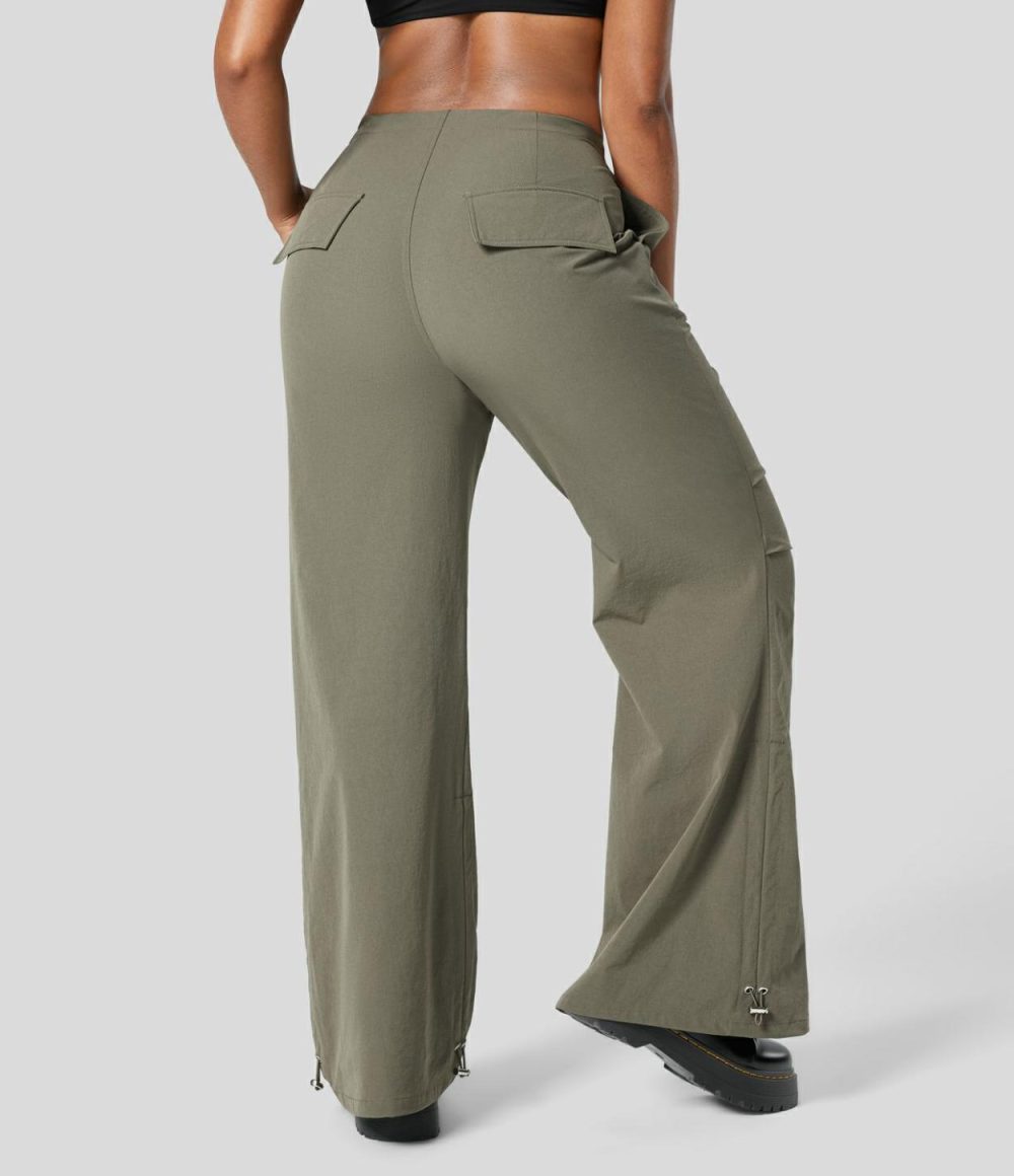 Mid Rise Drawstring Side Pocket Ruched Adjustable Hem Casual Cargo Flare Pants  | Womens  Cargo Pants Cargo Pants Cargo Pants