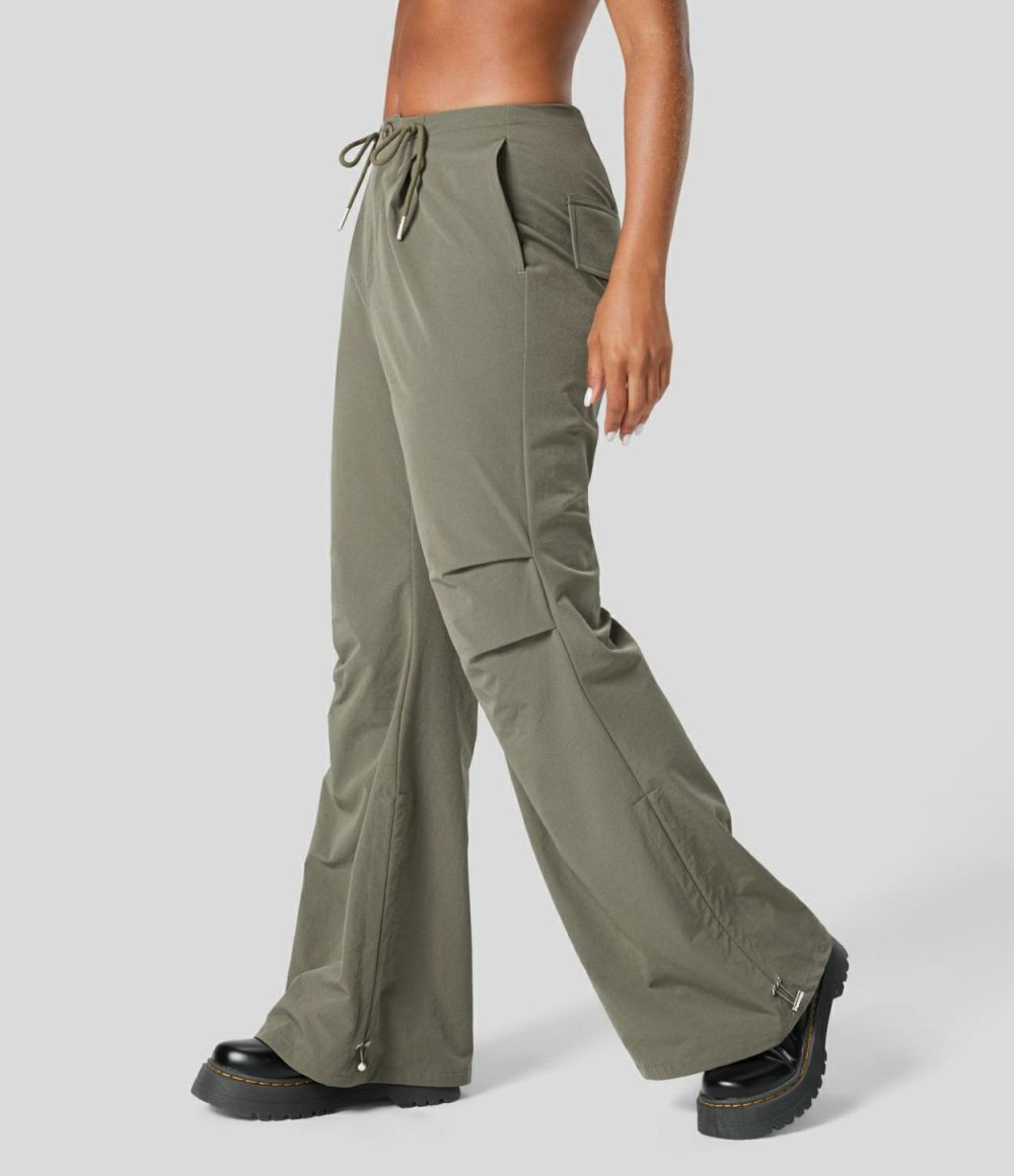 Mid Rise Drawstring Side Pocket Ruched Adjustable Hem Casual Cargo Flare Pants  | Womens  Cargo Pants Cargo Pants Cargo Pants