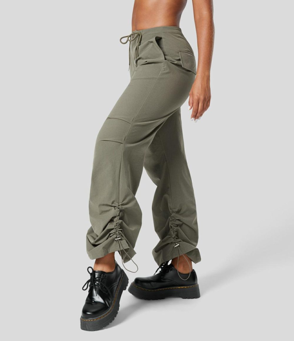 Mid Rise Drawstring Side Pocket Ruched Adjustable Hem Casual Cargo Flare Pants  | Womens  Cargo Pants Cargo Pants Cargo Pants