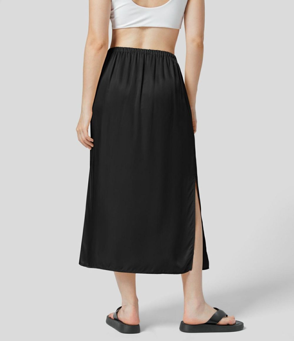 Mid Rise Drawstring Side Pocket Split Midi Satin-Like Casual Skirt  | Womens  Everyday Skirts Clothing Everyday Skirts