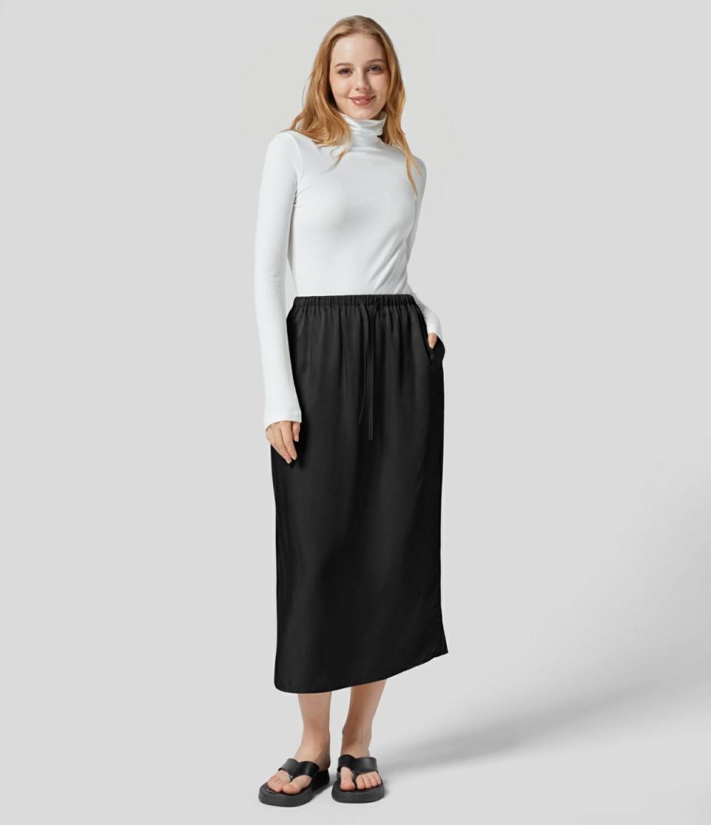 Mid Rise Drawstring Side Pocket Split Midi Satin-Like Casual Skirt  | Womens  Everyday Skirts Clothing Everyday Skirts